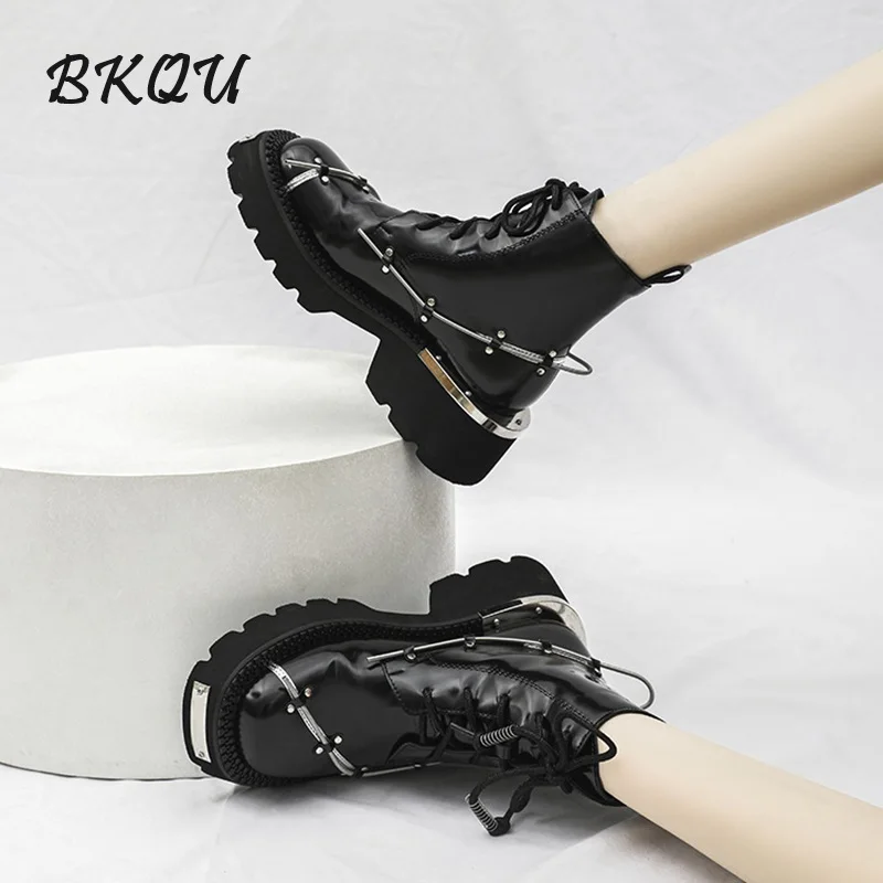 BKQU 2024 New Punk Heavy Soled Sweet Cool Biker Ankle Boots Metal Trim with Thin Ribbon Winding Platform Heels Trend Rivets