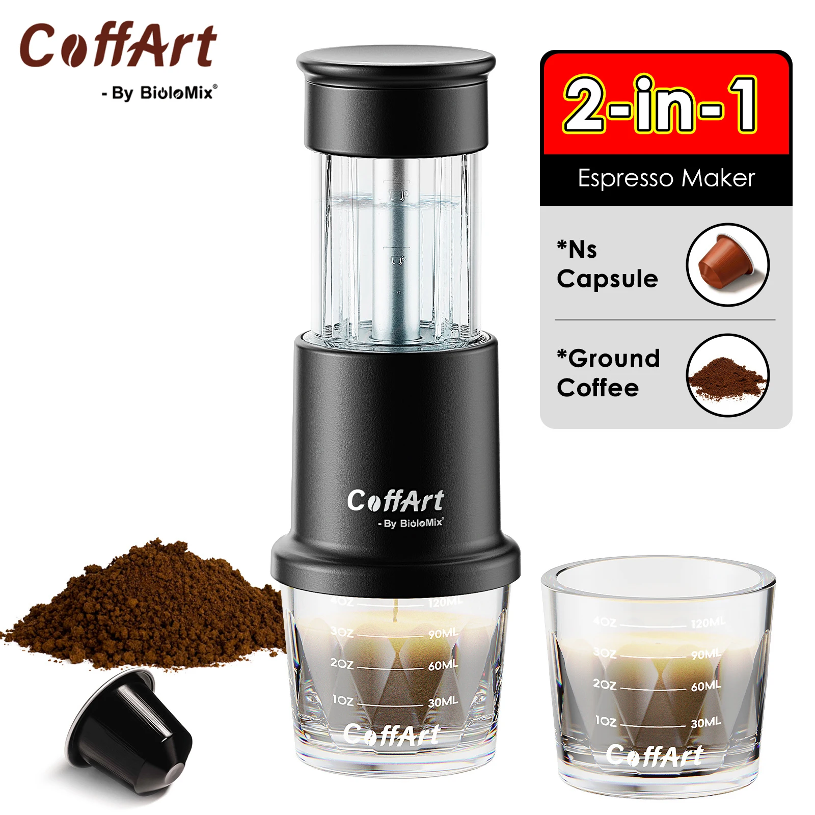 Coffart By BioloMix 2-in-1 Manual Espresso Coffee Machine, Portable Hot/Cold Maker for NS Capsules and Ground Coffee, Hiking and