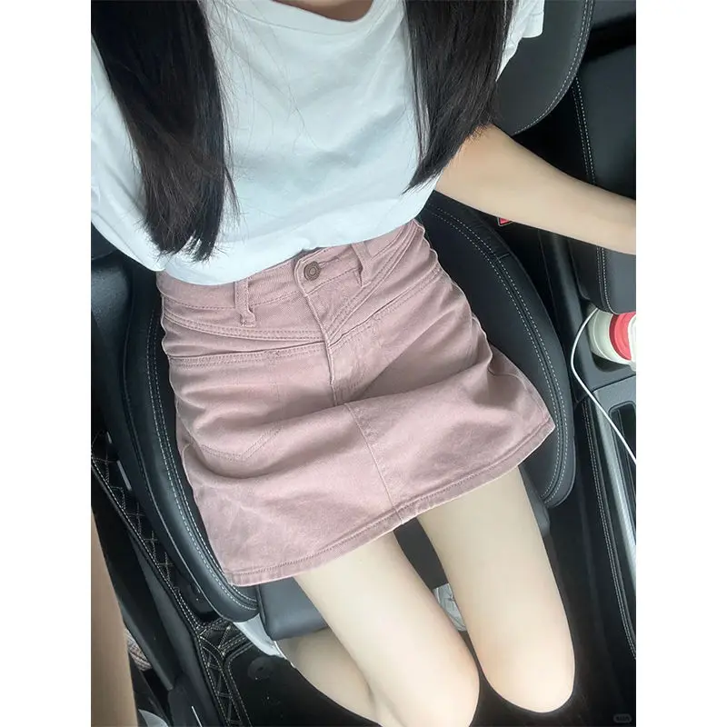 

Dirty pink women's anti-exposure denim short skirt2025High-waistedaSpring midi skirt for petite women, bodycon skirt