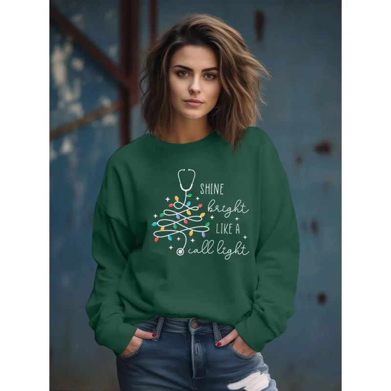 Christmas long sleeved sweatshirt shining like lightningladies\' nurse\'s day round neck pullover