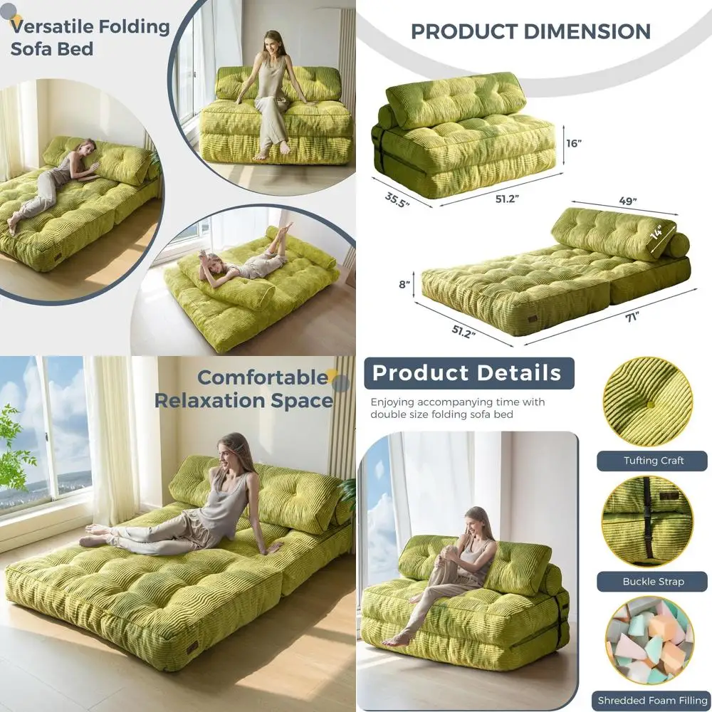 

Зеленое двухместное раскладное кресло-кровать с подушкой и поддержкой для спины для гостиной или спальни