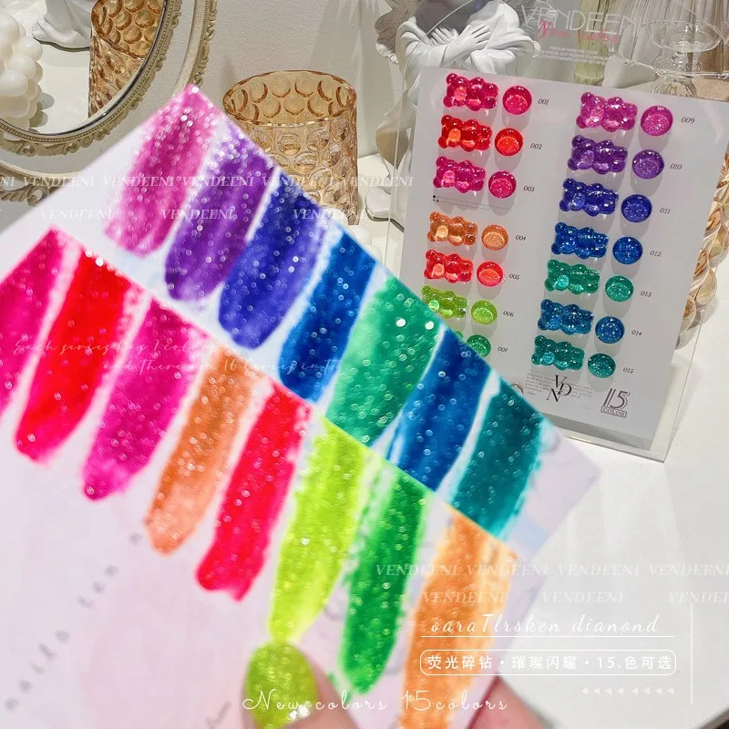 벤디니 글리터 반사 디스코 젤 네일 폴리쉬 네일 아트 살롱용 TPO HEMA 프리 15색 반짝이는 반사 디스코 젤 네일 폴리쉬