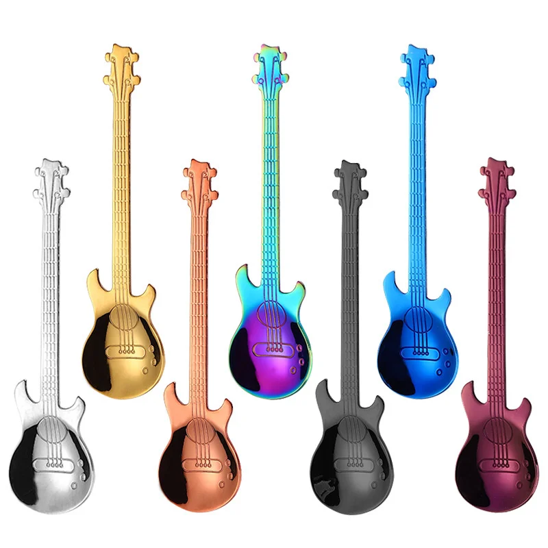 

50PCS- 304 Stainless Steel Guitar Spoon Coffee Spoon Stirring Spoon Plated Ice Bar Music Bar Spoon Creative Gift Spoon