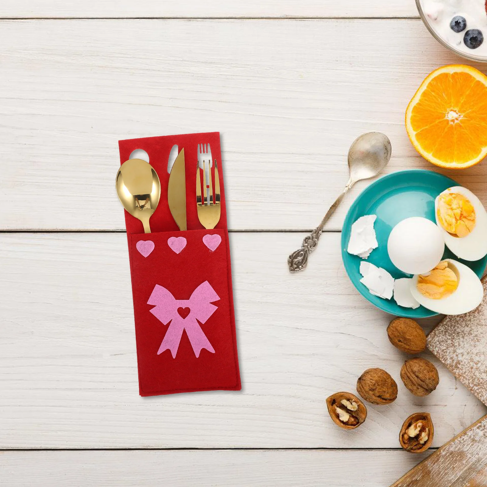 

4Pcs Rectangular Heart Bow Cutlery Pouch Bag Valentines Day Table Dinner Decoration Reusable Silverware Holder Wedding Holiday