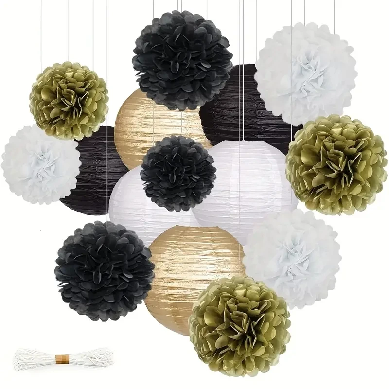 15pcs Black And White Golden Paper Lantern Paper Pompom Wedding Eid al Adha Party Birthday Party Decoration