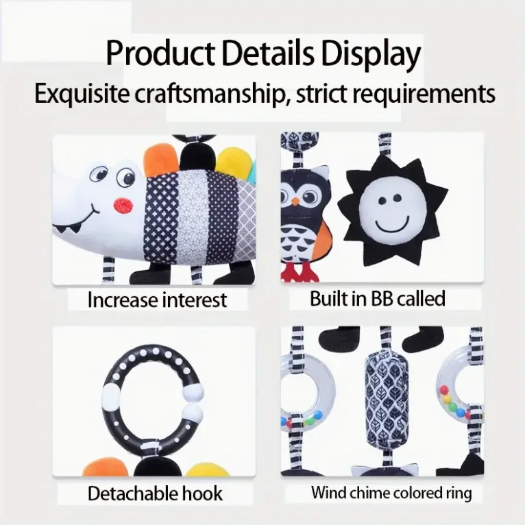 Kinderwagen Windgong & Bedbel - Rustgevend mobiel speelgoed met dieren- en bijenvormen, zachte rammelaars, hangend zintuiglijk speelgoed voor pasgeborenen