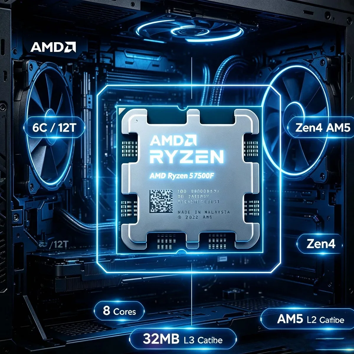 Processeur de jeu pour ordinateur de bureau AMD Ryzen 5 7500F, 6 cœurs, 12 threads, 3,7 GHz, AM5, 5 nm, avec cache L3 de 32 Mo, DDR5, neuf