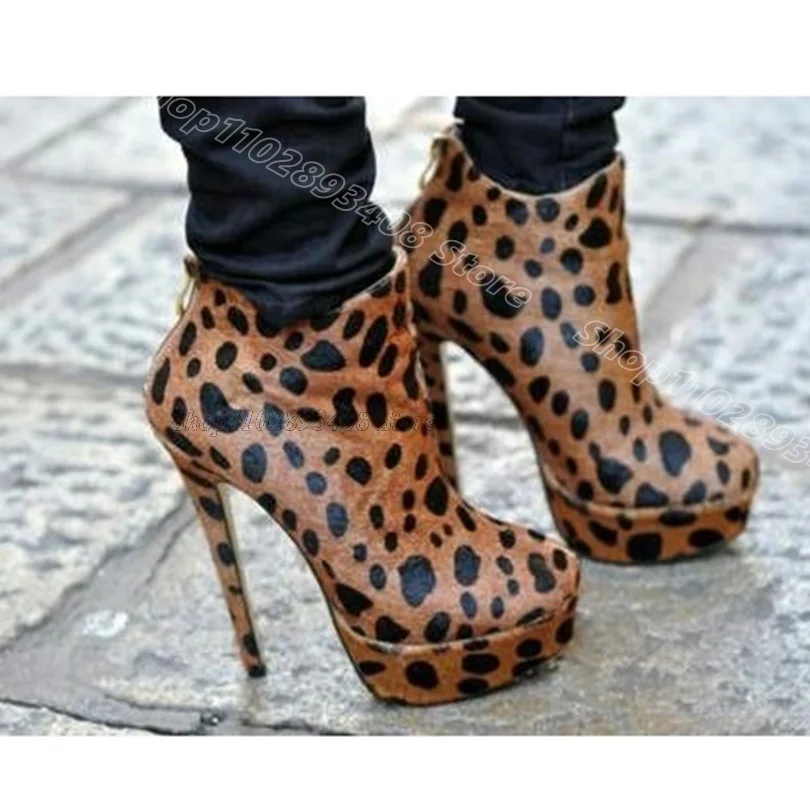 

Leopard Print Platform Ankle Boots Flock Back Zipper Round Toe Dress Party Summer Fashion Women Boots 2024 Zapatos Para Mujere