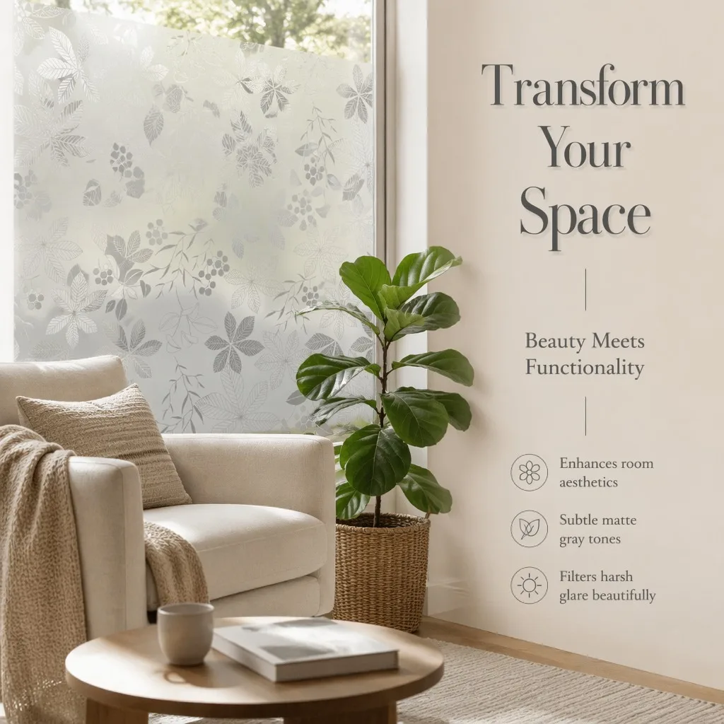 Leaf Berry Frosted Privacy Window Film Self Adhesive UV Block Heat Control for Bathroom Bedroom Home Office Glass Door