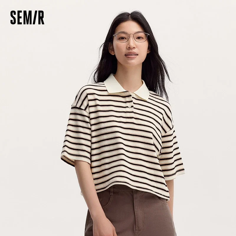 Semir Polo Shirt Women Short-Length Loose-Fit 2024 Summer New Fashionable Vintage Collegiate Style Textured Striped Top