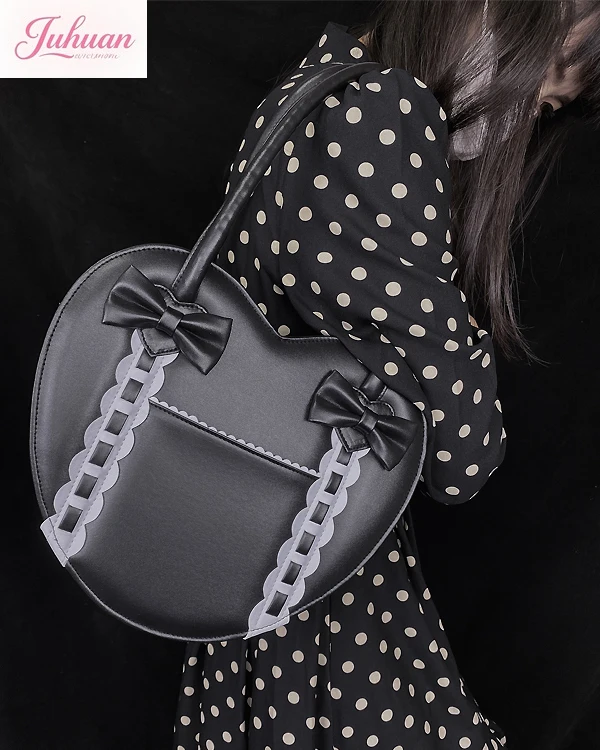 Japanese Kawaii Lolita Heart Shaped Handbag for Women Shoulder Bag Bowknot Purses and Handbags Girls Satchel Bag Top Handle Bag