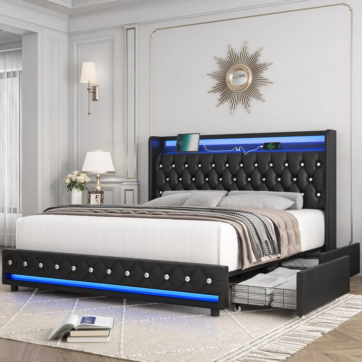 

Large LED bed frame with charging station and 4 storage drawers, PU cushioned platform bed, metal frame, black