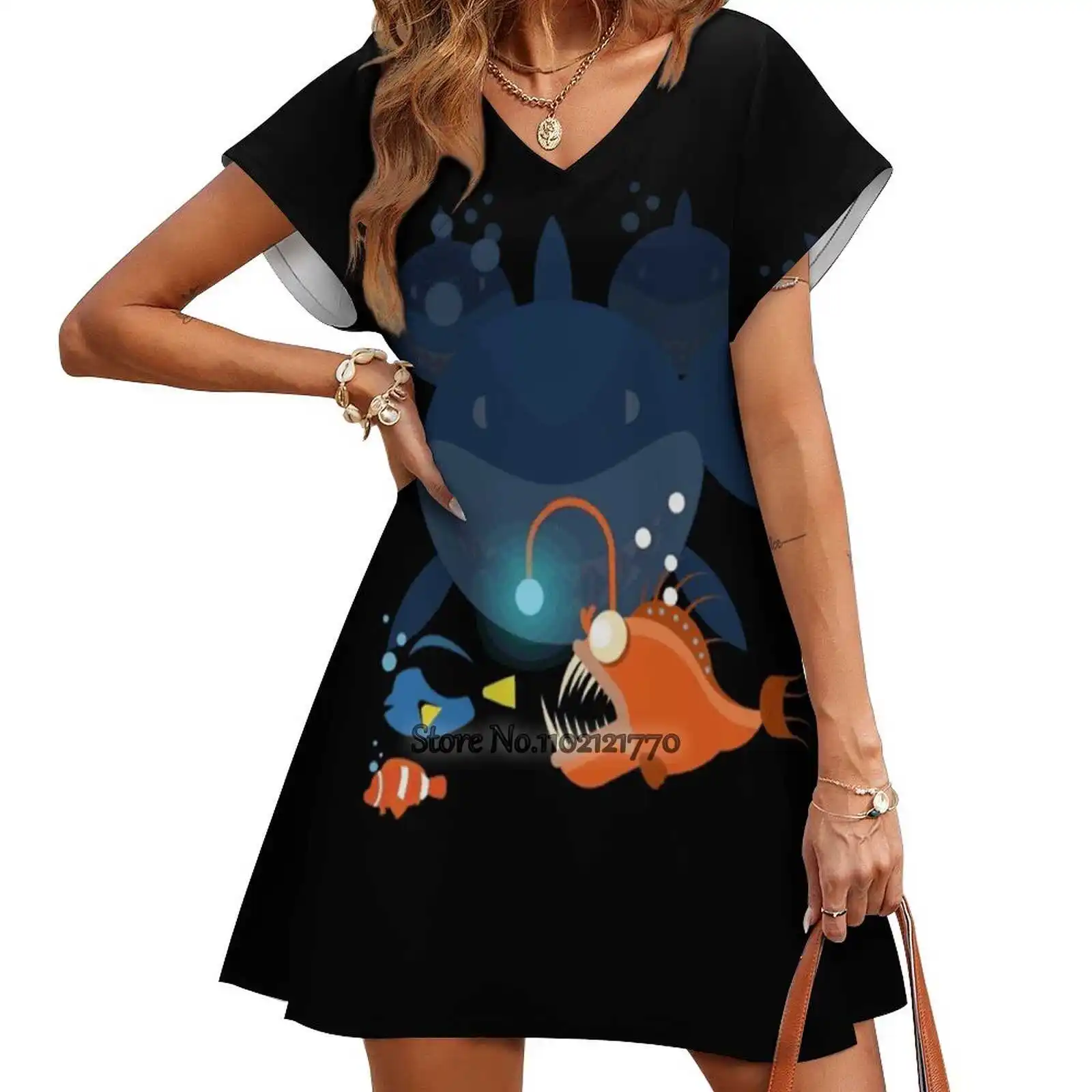 Nemo Dory y Cie. Vestido elegante con cordones en la espalda para mujer, vestido con escote cuadrado, talla grande, para mujer, Nemo Dory, tiburón, pez, mar, Océano