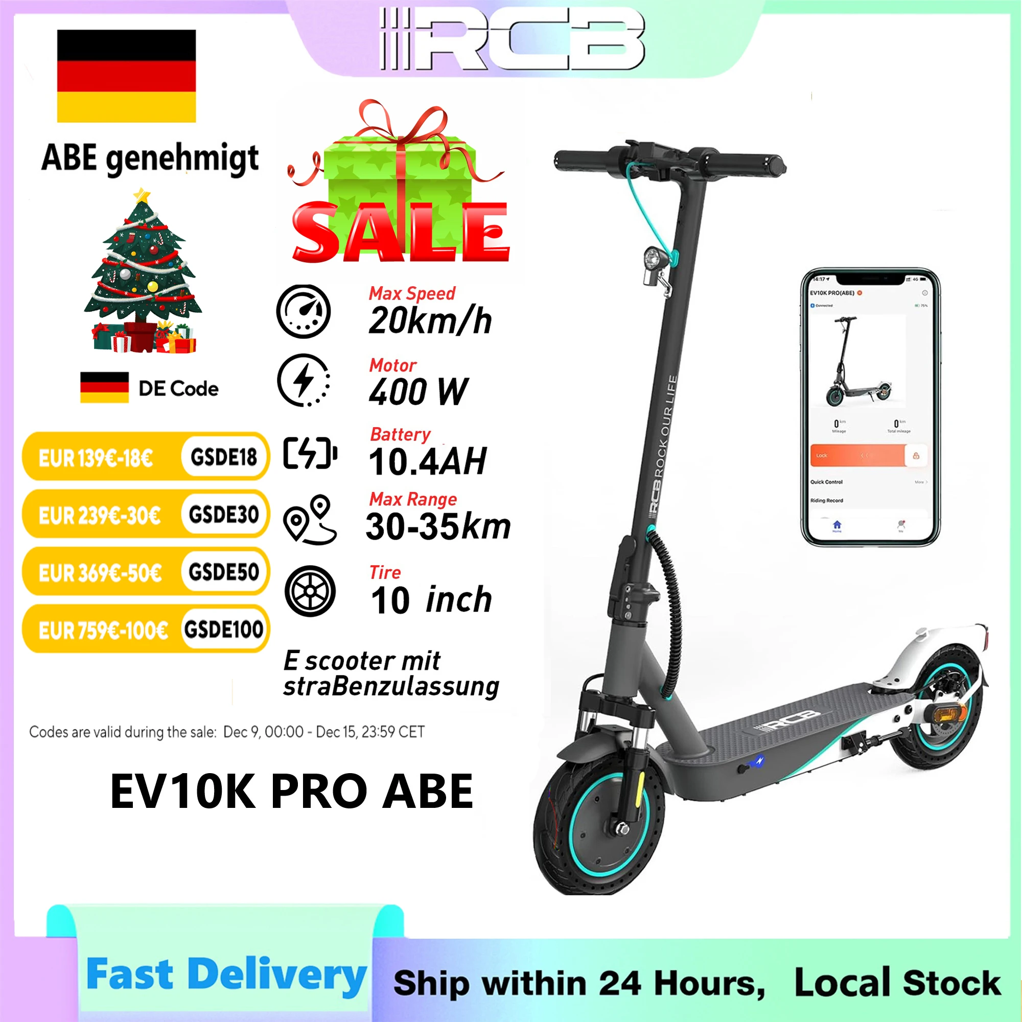 RCB EV10K PRO ABE Electric Scooter App Control, 10'' Foldable 400W Electric Scooter Adults, E-Scooter with Dual shock absorbers