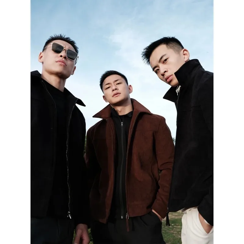 

Casual Suede Jaet for Men Zipper Decorated Iron-Free Treaent Polyester/Nylon Cosite Fiber Street Sle Loose Fit Sprin...