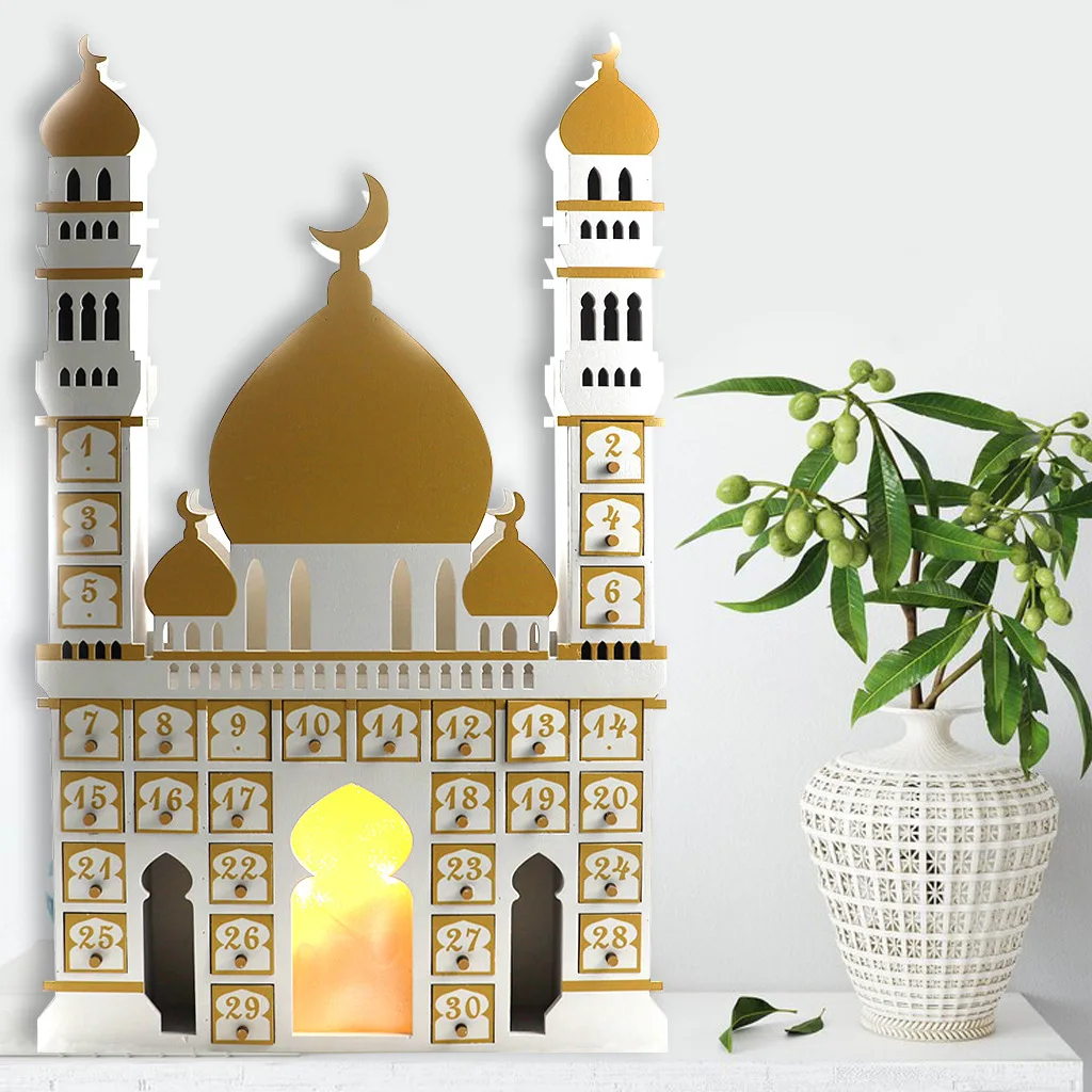 Wooden Middle Eastern Castle Design Countdown Calendar Cabinet – Black & White Moon Festival Decoration for Home