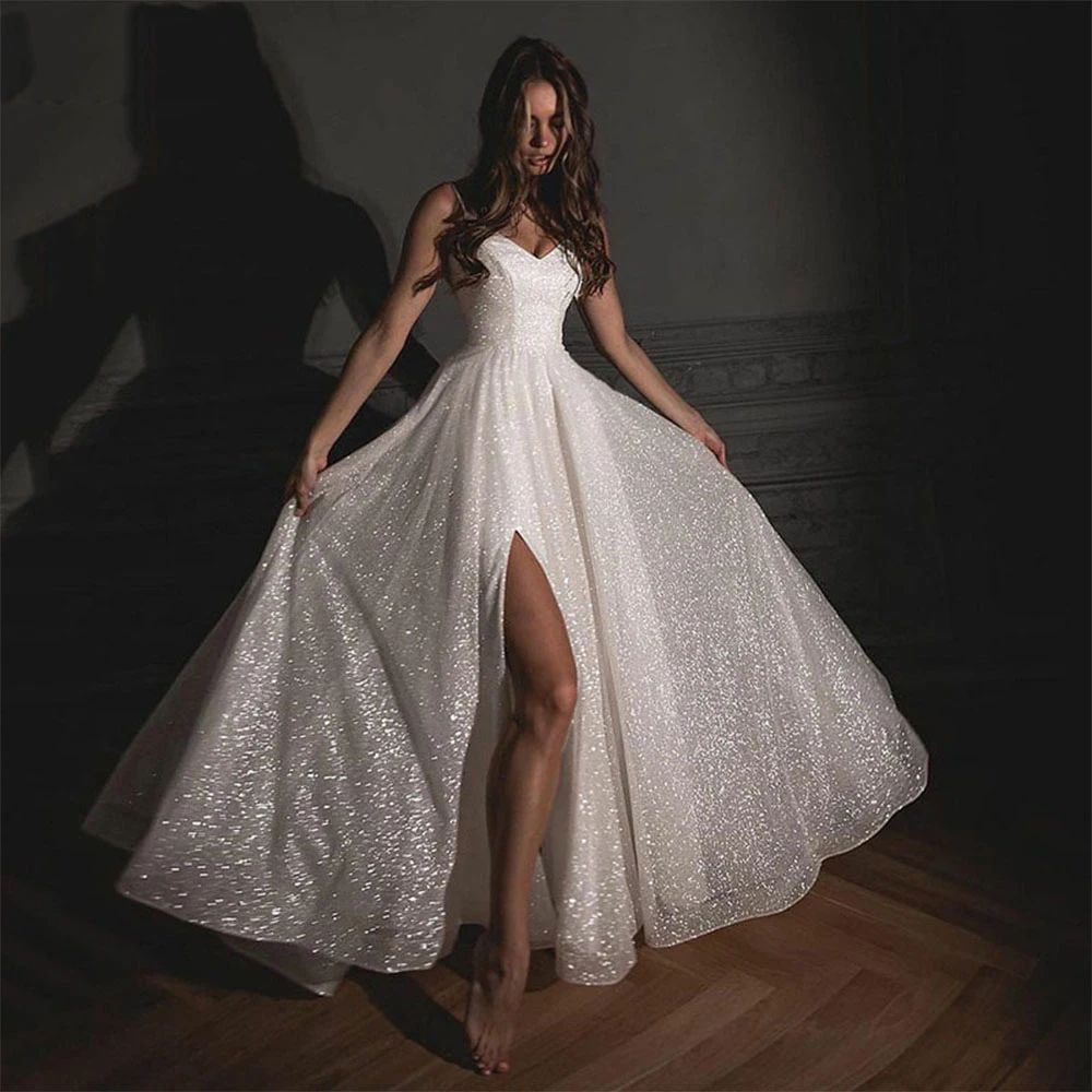 Shoulder Strap Women's V-neck Bridal Gowns 2023 Tulle Sleeveless Side Split Wedding Dress Bohemia Beach Wedding Party Vestidos