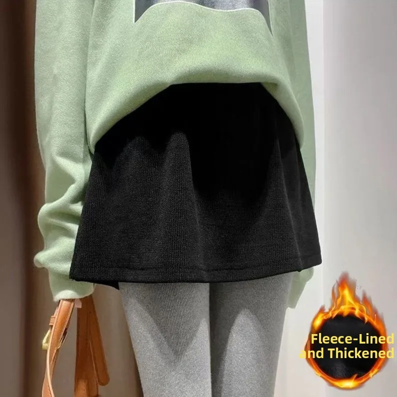 Women's Fleece Lined Thickened Sharkskin Pants Hoodie Inner Wear Simple Corduroy Bottoming Short Skirt High Waist A-Line Skirt