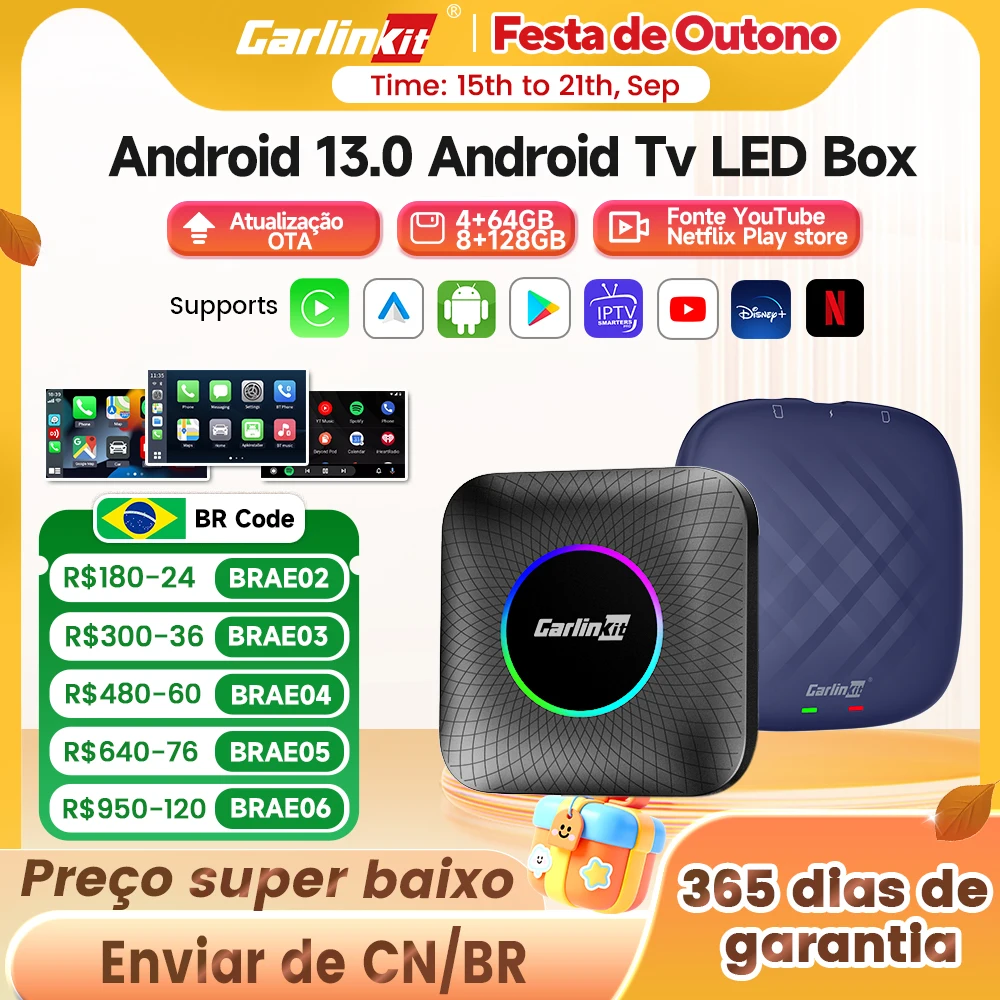 Carlinkit ai box android 13 led sem fio android auto & carplay caixa de tv inteligente qcm6225 suporte youtube netflix acessórios do carro