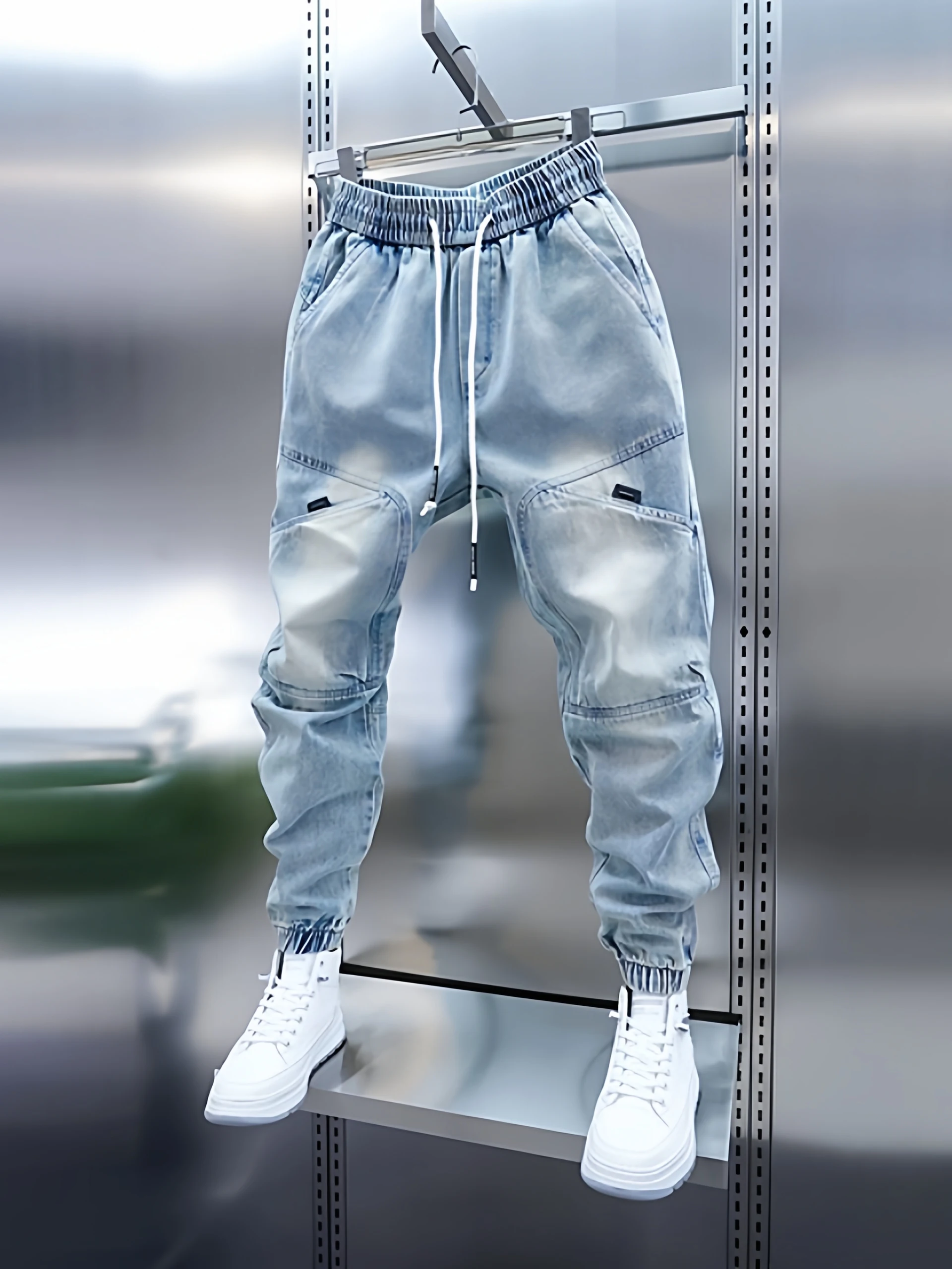 Trendy Men's Light Blue Spliced Jeans Spring Autumn New Fashion Versatile Slim Casual Nine Points Cuffed Pants