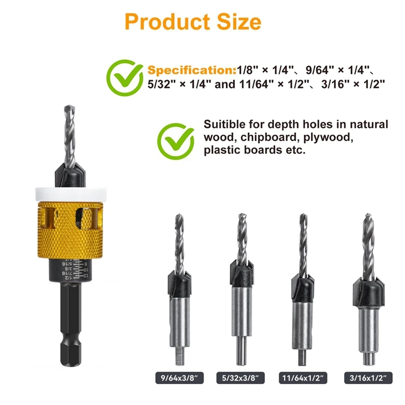 Panas! Set mata bor Countersink 5 buah, dengan berhenti kedalaman gesekan rendah, dengan 10 buah pengganti mata bor HSS, berhenti kedalaman dapat disesuaikan