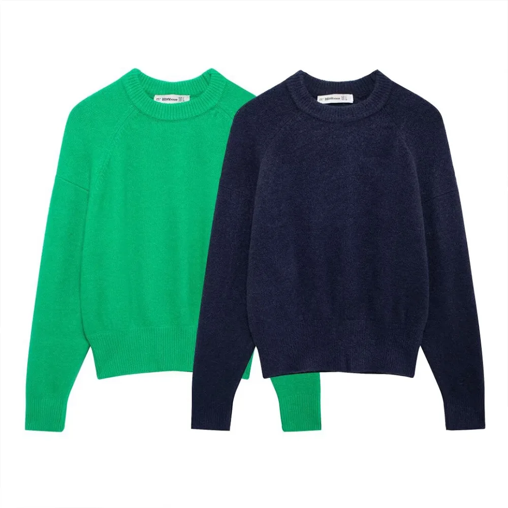 Easy Match Green Deep Blue Two Color Round Neck Long Sleeves Women Solid Loose Pullover Knit Sweater ZATAF 2024 New