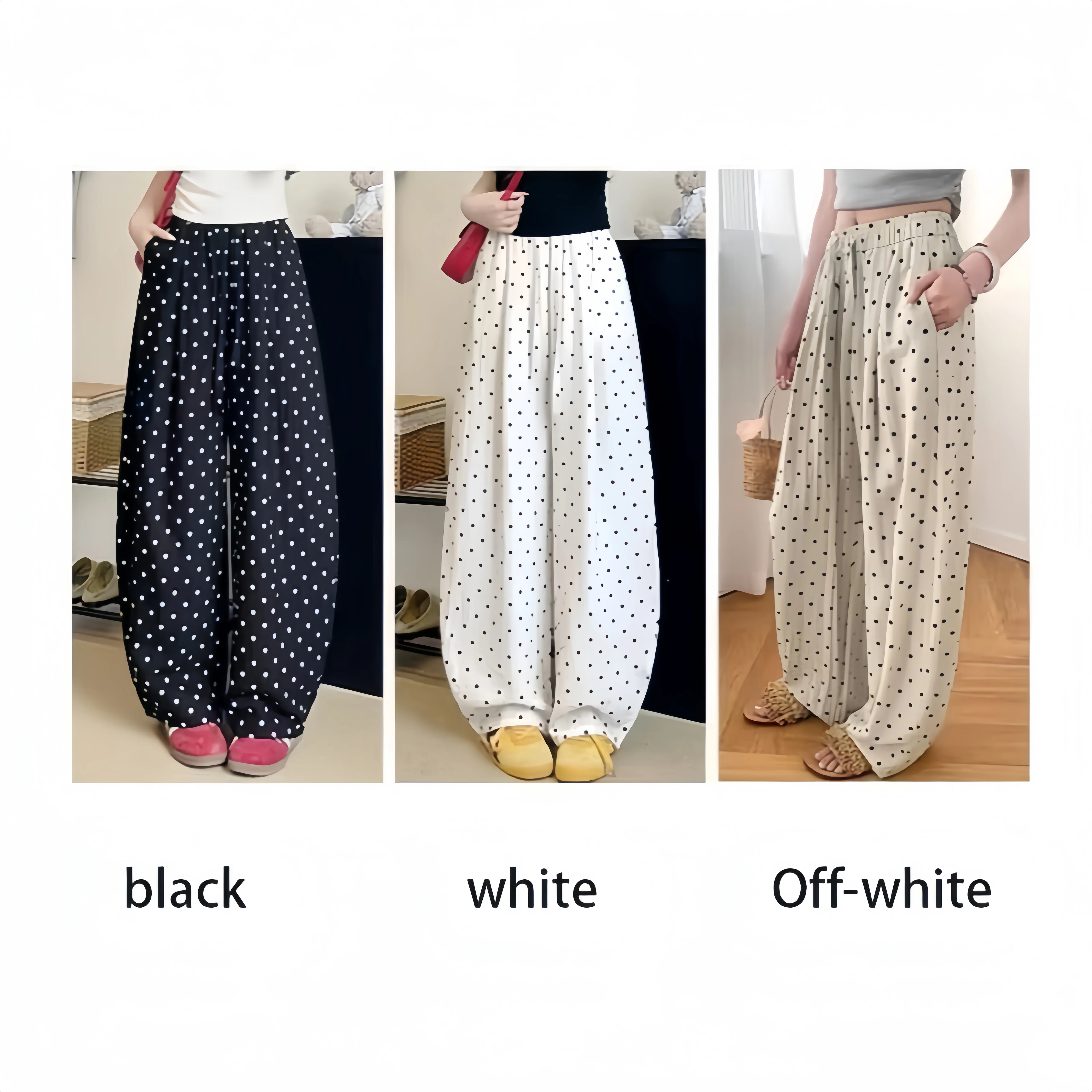 Ladies' Polka Dot Wide Leg Casual Pants with Elastic Drawstring Waist and Loose Retro Spring/summer Street Versatile Pants