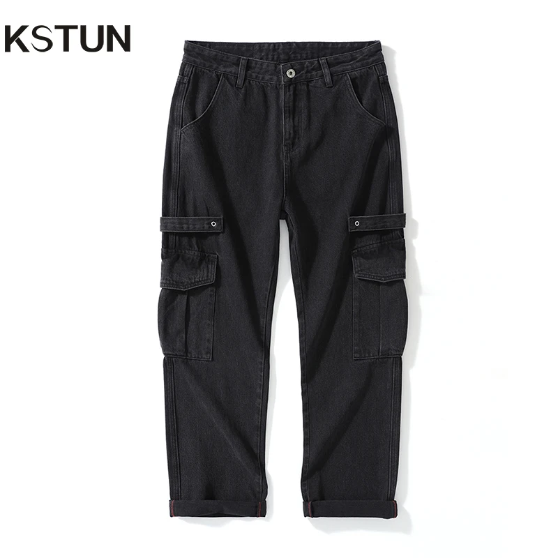 

KSTUN Wide Leg Jeans Men Baggy Pants Cargo Pants High Street Multi-Pockets Black Gray Men's Trousrs Full Length Large Size 40