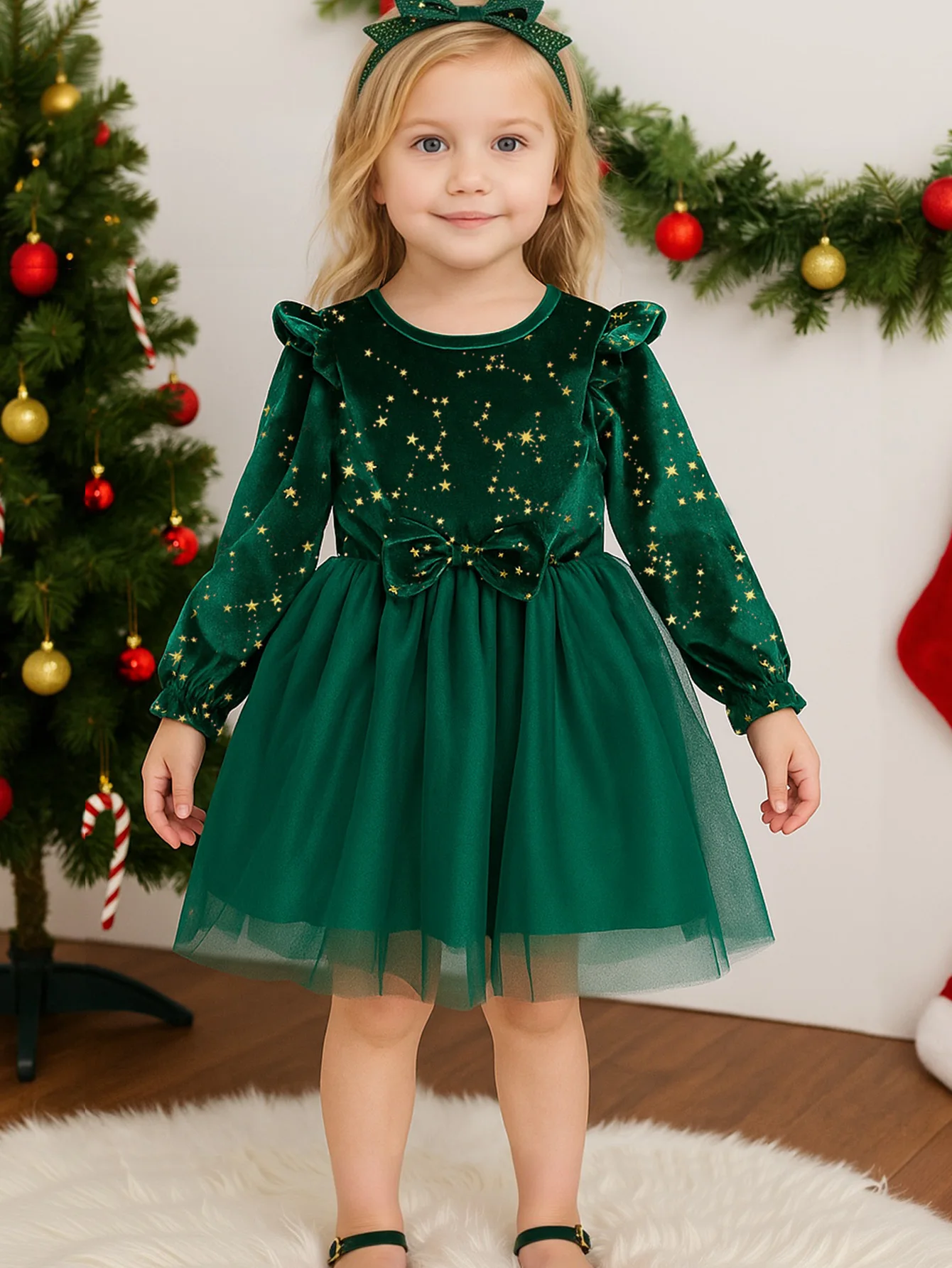 Mädchen Samt Langarm Prinzessinnenkleid Weihnachtssternmuster Herbst Winter Kinderkleidung Kindermode – Detail 4