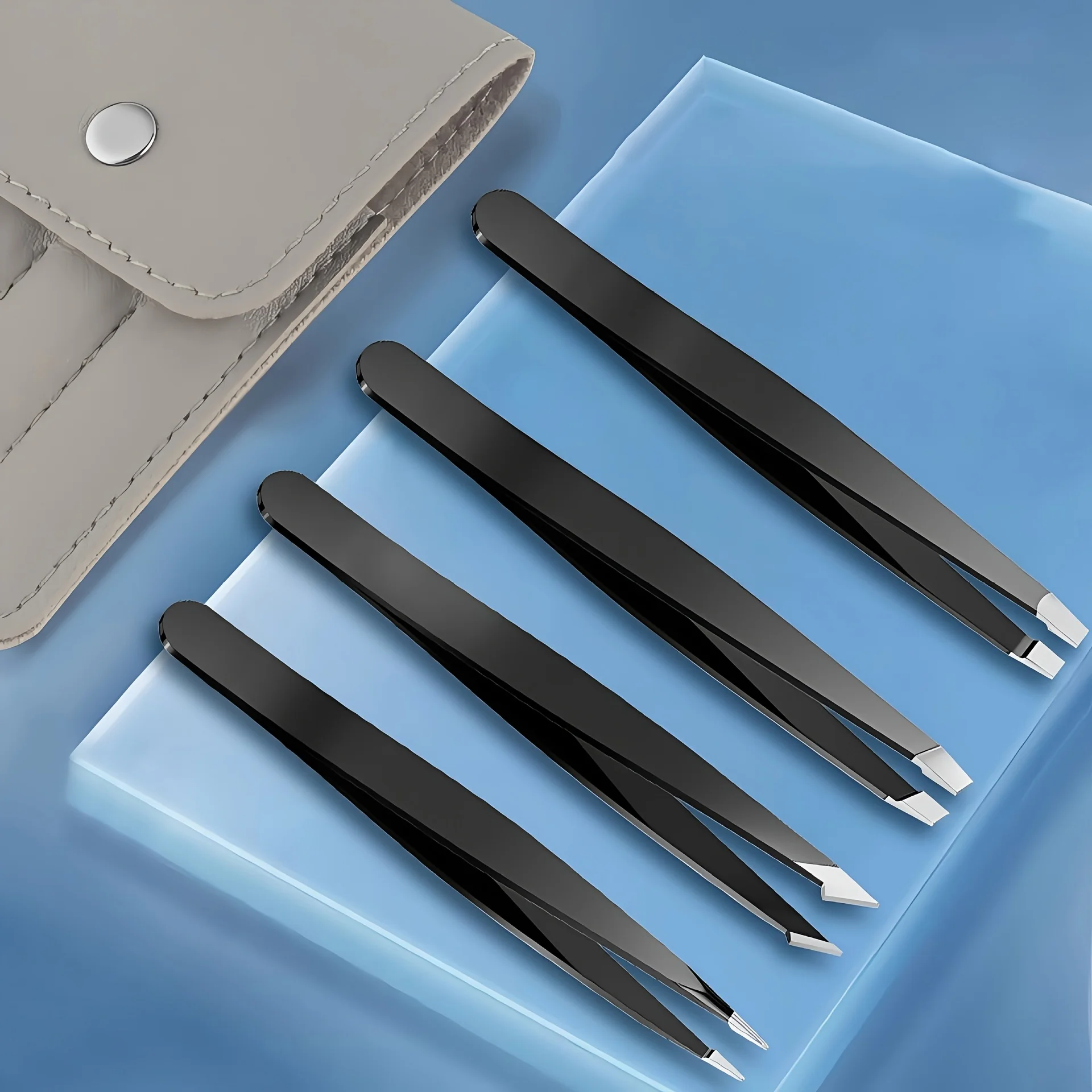 Conjunto de 4 Pinças para Mulheres, Pinças Faciais, Pinças para Pernas, Remoção de Pelos para Infecções, Aço Inoxidável Profissional de Precisão, Preto