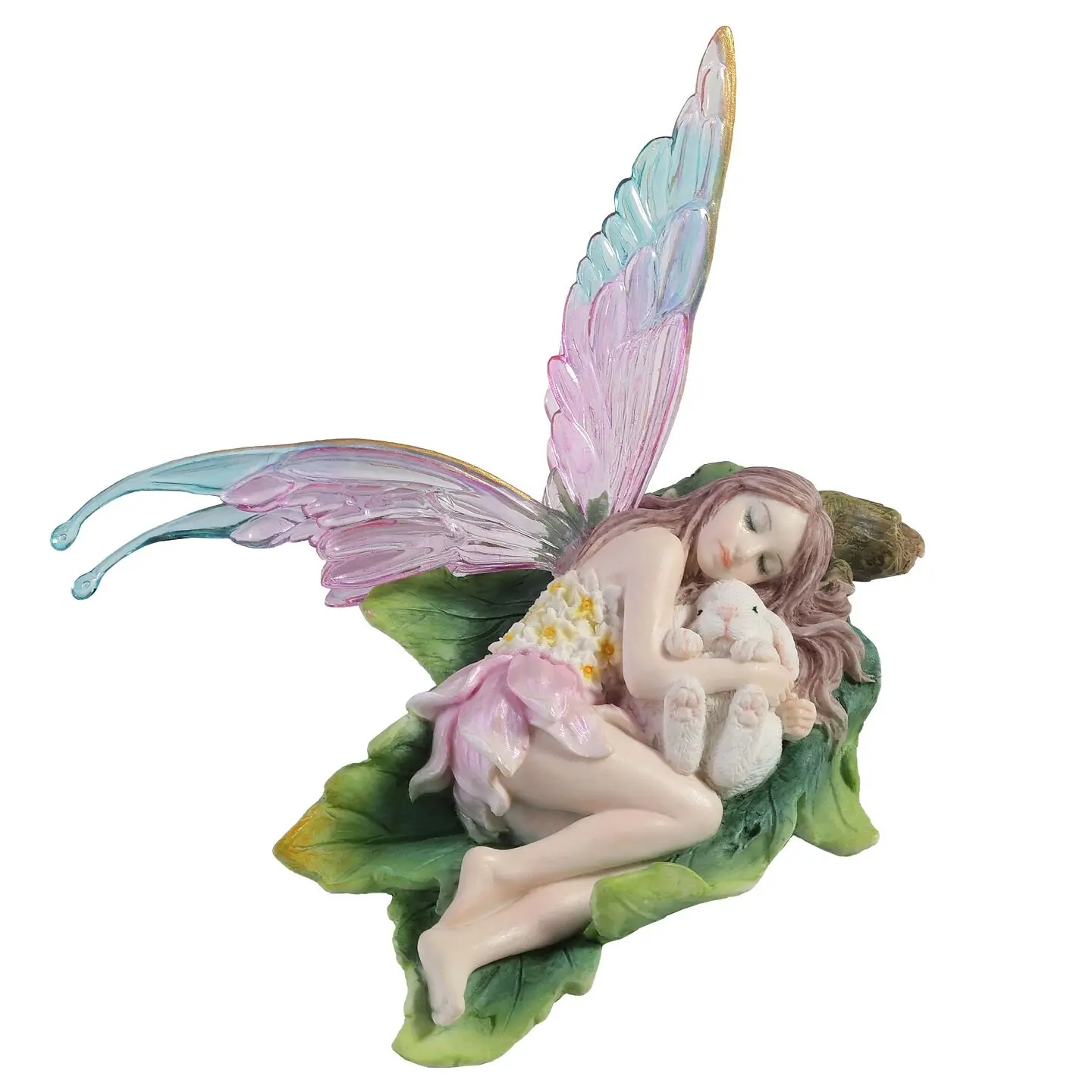 Resin Sleeping Fairy Figurine Hugging White Rabbit Elf Statue Colorful Transparent Wings Home Desktop Garden Decorative Ornament