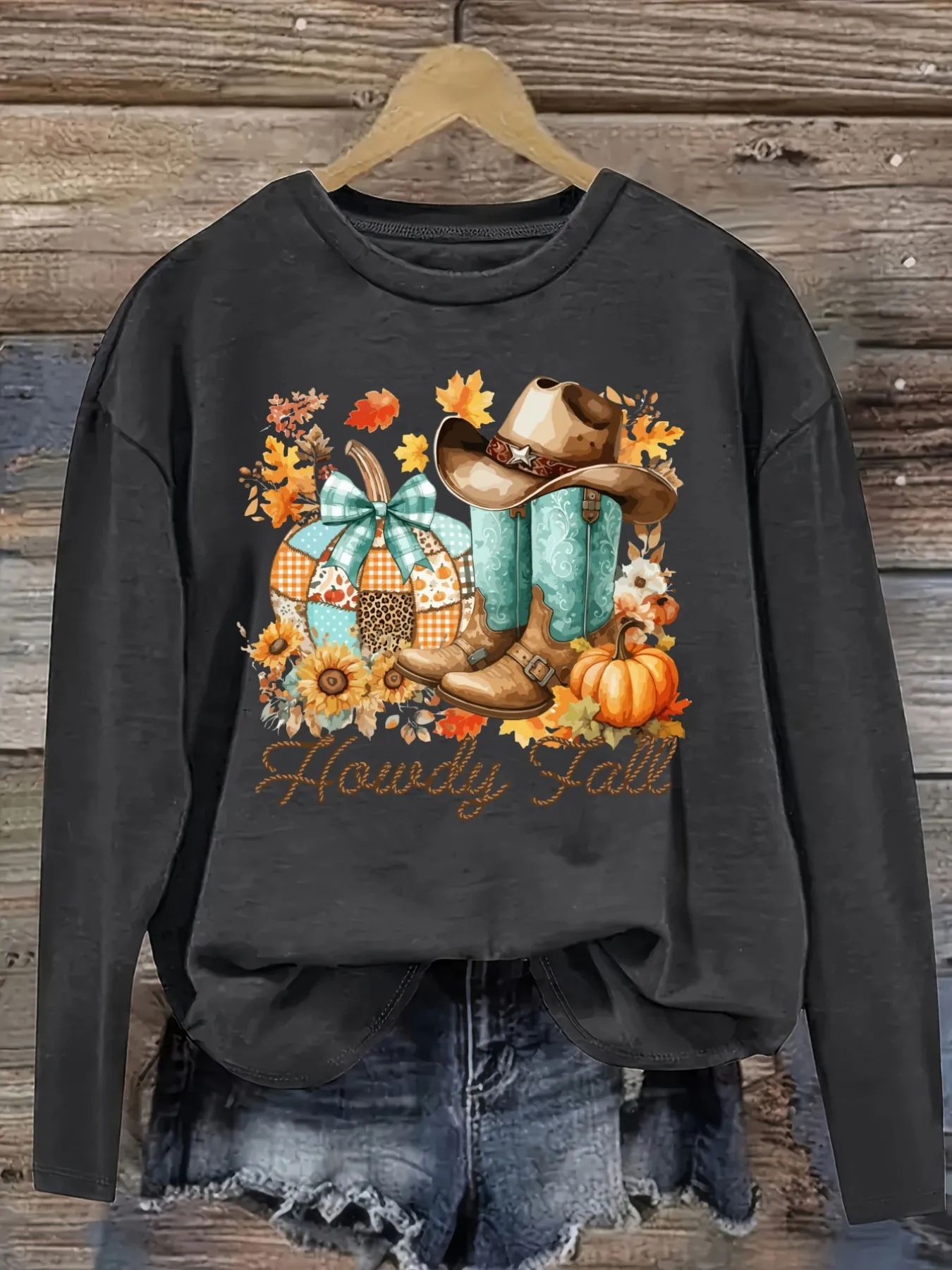 Women's Casual Long Sleeve Crew Neck T-Shirt Howdy Fall Cowboy Boots Pumpkins Design, Round Neck Women's Clothing, Machine Washable, Slightly Elastic, Loose Fit, Spring Autumn Winter Women's T-Shirt, Halloween Costume Outfit view 2