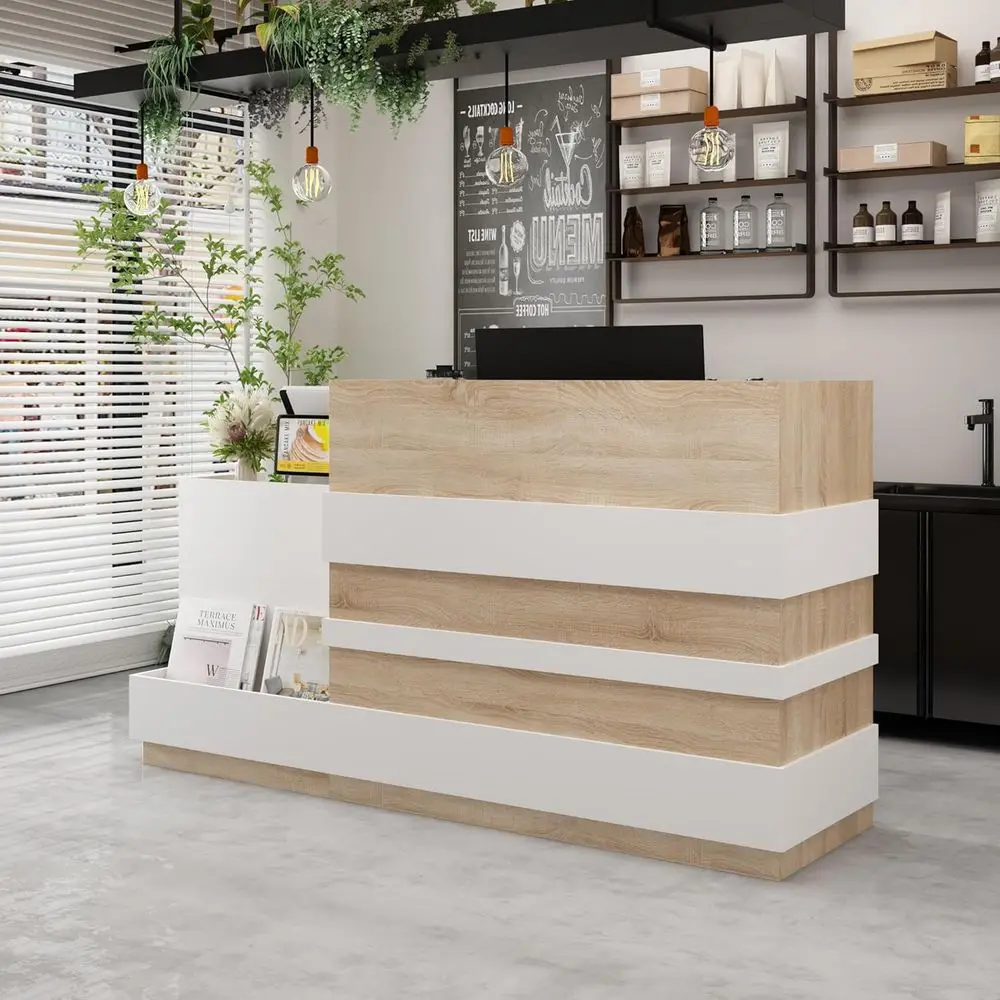 

87.2 Wide Office Reception Desk with Storage, Open Cubby, and 2 Doors in White & Oak Finish