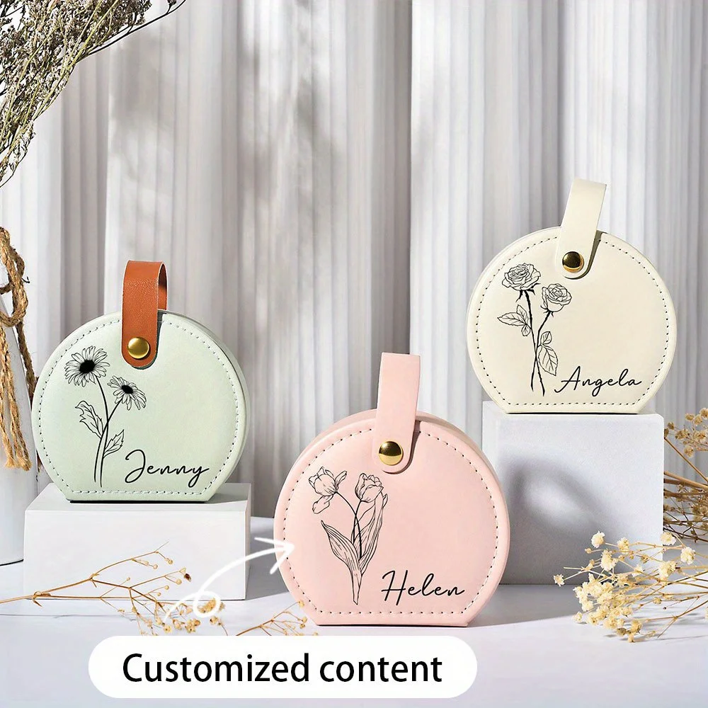 Custom Name Birth Flower Portable Leather Jewelry Box, Travel Mini Earring Ring Storage Case, Personalized Gift for Women
