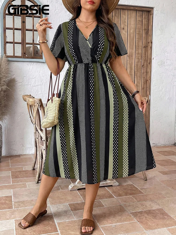 

GIBSIE Plus Size Striped And Polka Dot V-Neck Dress Women Summer 2026 High Waist Short Sleeved Vacation Mid-length A-line Dress