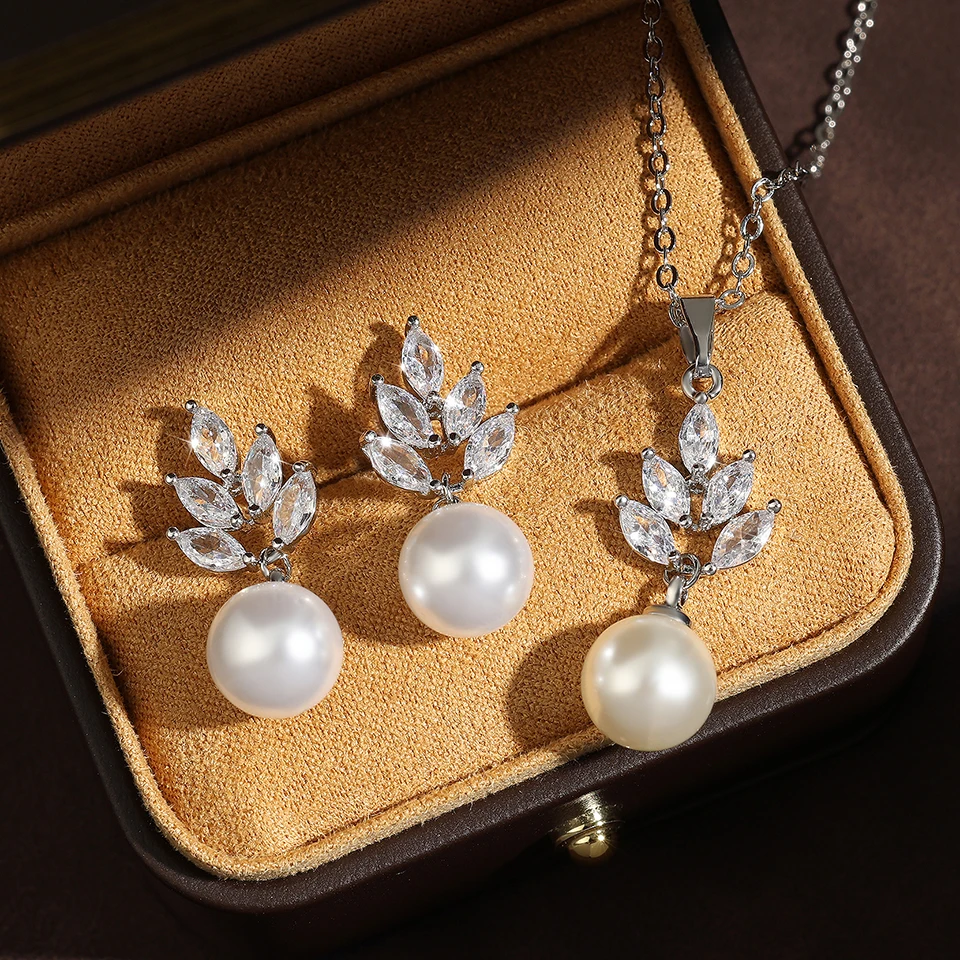 ZAKOL Luxury Zirconia Simulated Pearl Earrings Pendant Necklace Sets for Women Fashion Ceystal Elegant Women Wedding Jewelry