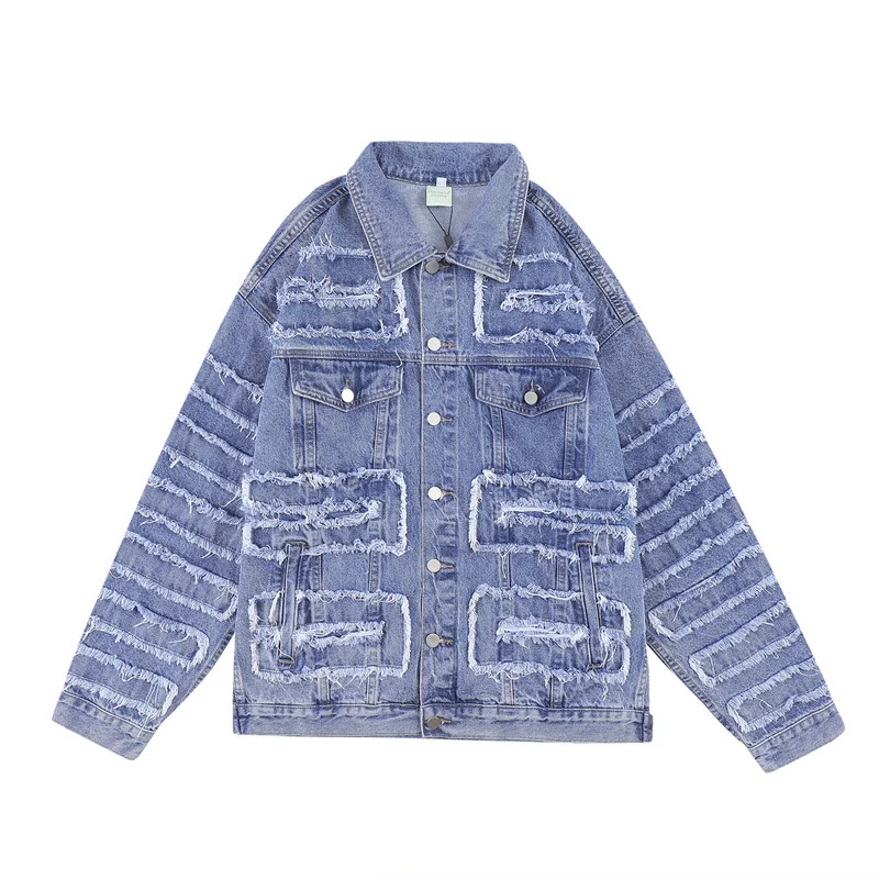 

Fashion Design! Hip Hop Patches Cat Whisker Irregular Cut Denim Jackets Mens Personality Woolen Jacket