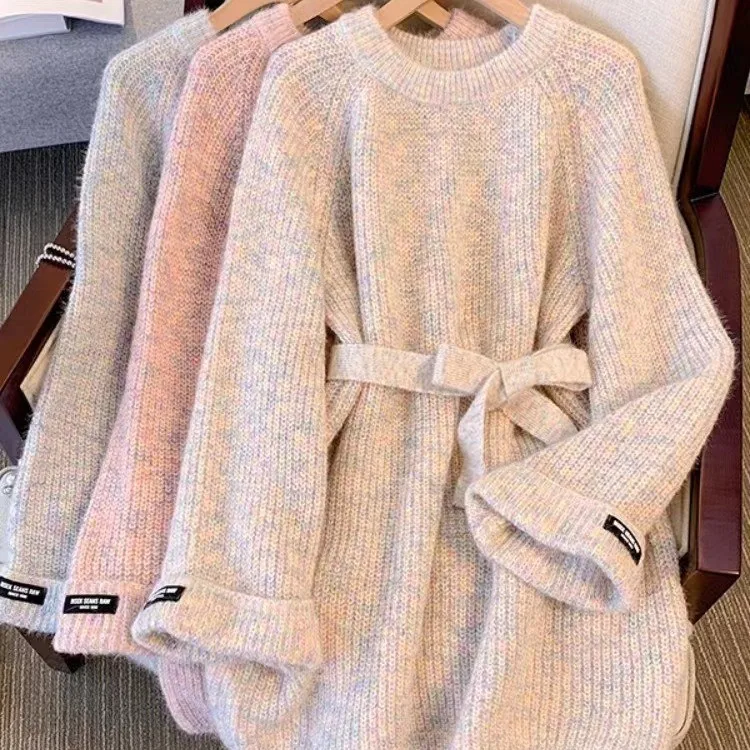 

Korean Knitted Sweater Autumn Women's Clothing Lazy Style Slimming Mid-length Waist-cinching Sweater