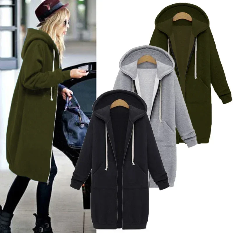 Women's Autumn Winter Thicken Hoodies Parkas Loose Hooded Jackets Zipper Pocket Maxi Size Sweatshirt Sports Dresses Outwear