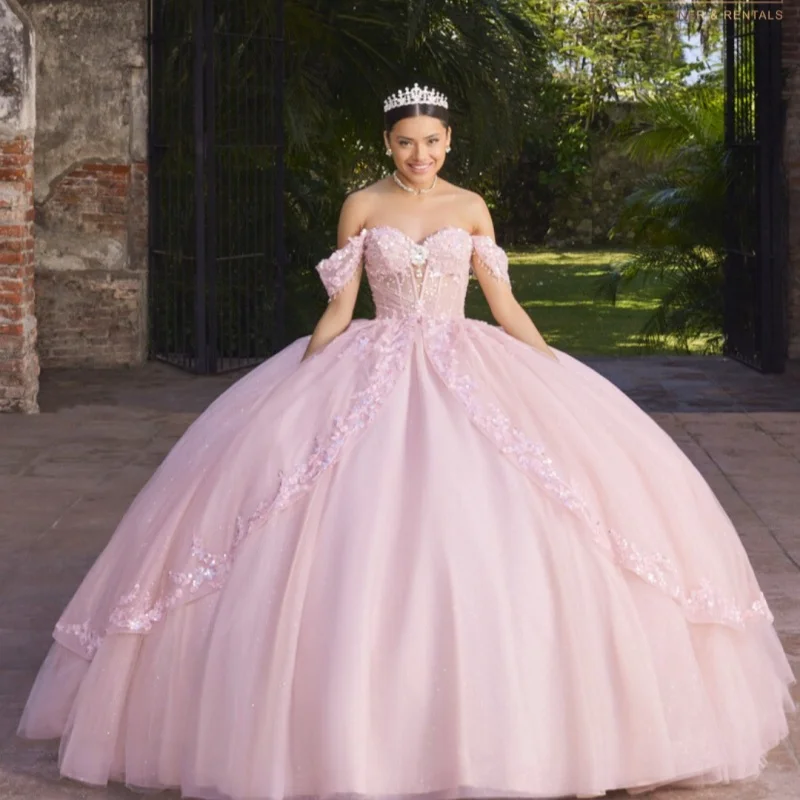 

Блестящее розовое платье Quinceanera с открытыми плечами и цветочной наклейкой, длинный хвост, кружевное платье de 15, Quinceanera ﻿ Настроить