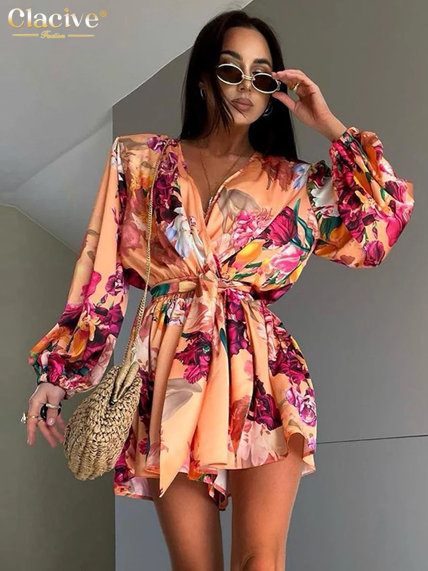 Clacive Fashion Loose Print Jumpsuits For Women 2024 Eleganckie kombinezony damskie z długim rękawem i dekoltem w szpic z plisowanymi sznurowankami
