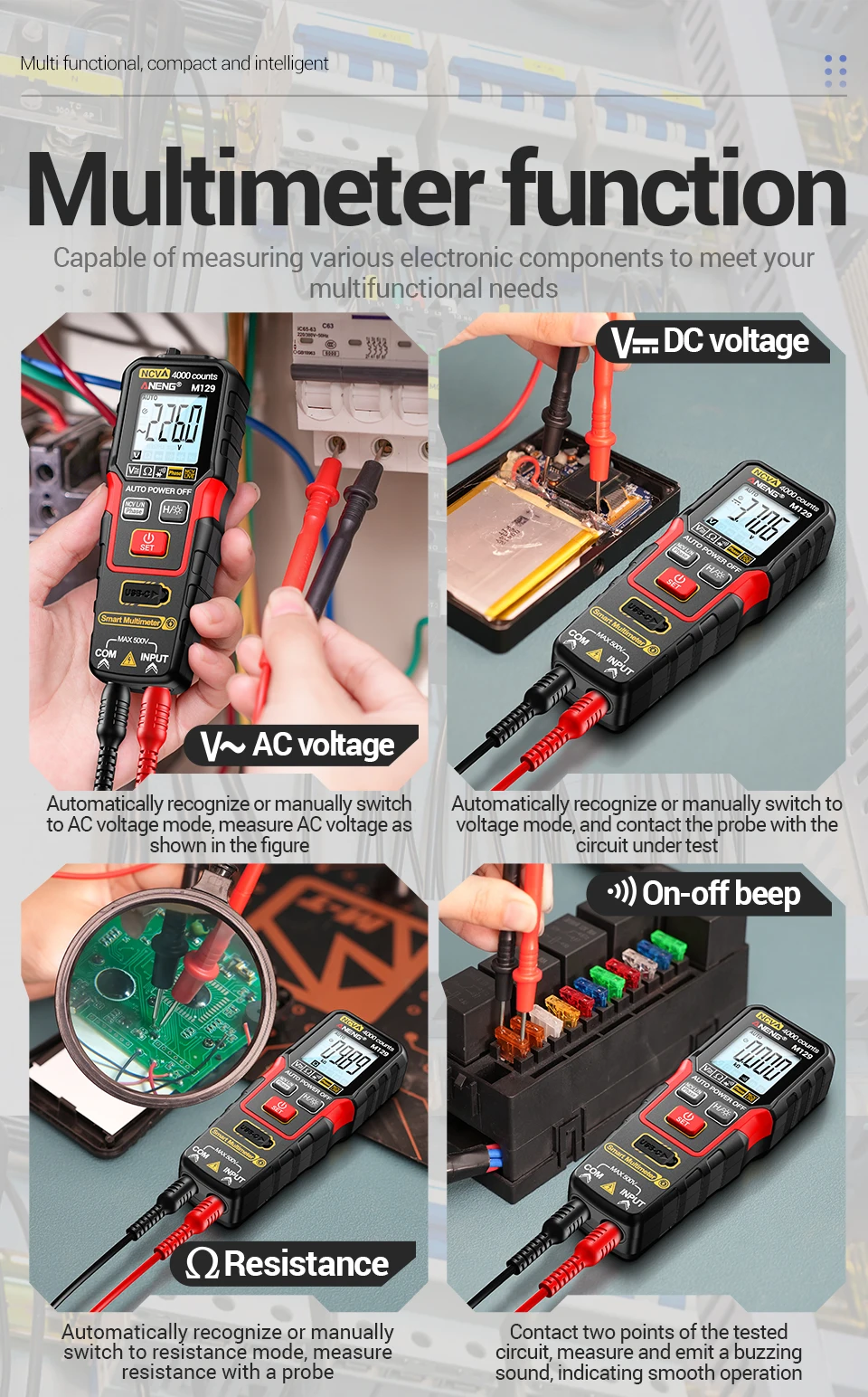 ANENG M129 Wiederaufladbares Digitales Multimeter 4000 Anzeigen NCV AC DC Spannungs- und Widerstandsmessgerät mit Taschenlampe und Auto-Range-Funktion – Detail 13