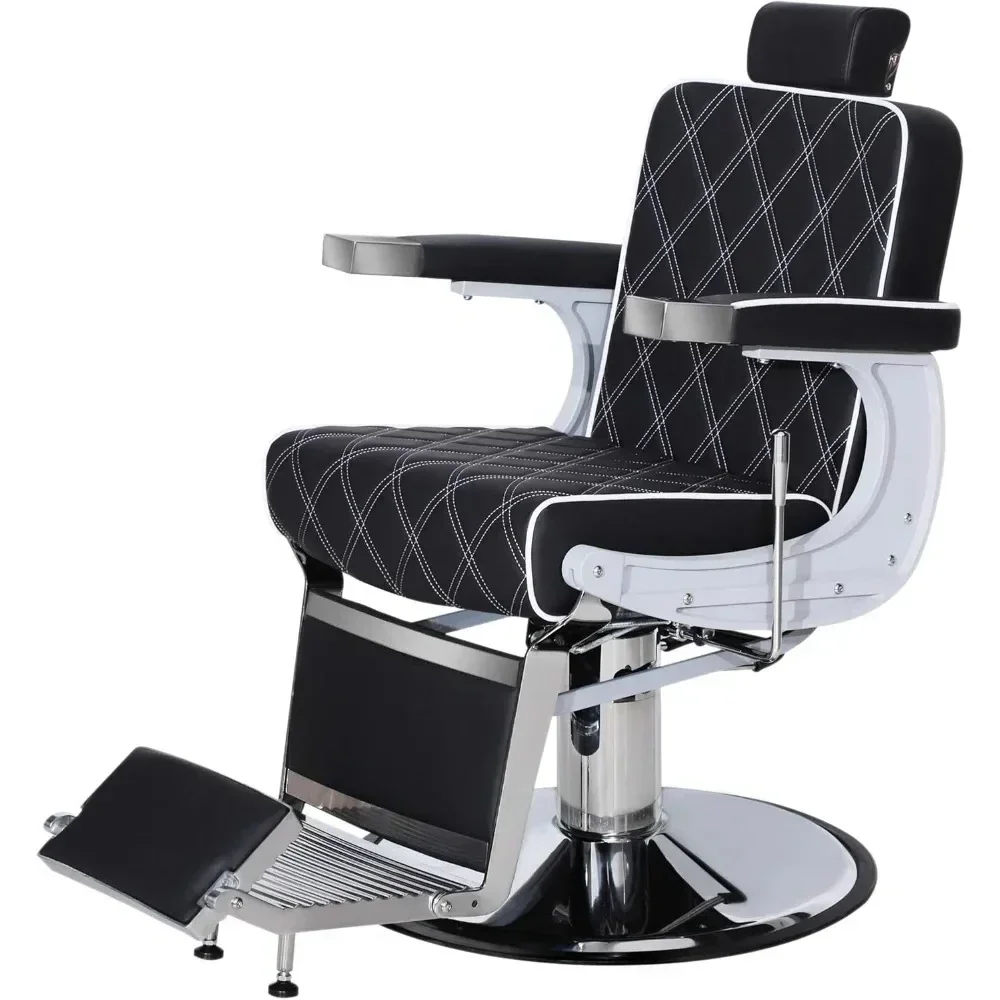 Heavy Duty Metal Vintage Barber Chair, Universal Hydraulic Reclining Salon Beauty Spa Shampoo Equipment (with White Stitches)