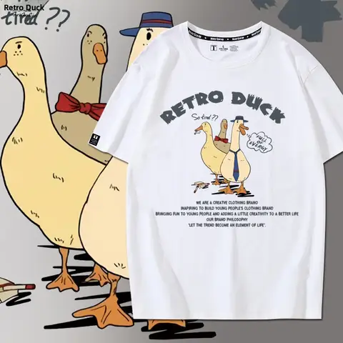 Retro Sle Cartoon Du ort Sve Men's T-irt Pure Cotton Summer Print Loose Top Youthful Vitali round Ne Cotton irt