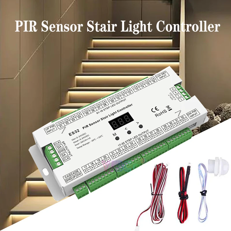 32CH PIR Sensor Stair Light Controller 2CH RGB Pixel SPI LED Strip Dimmer Indoor Stairway Light Controller 5V-24V