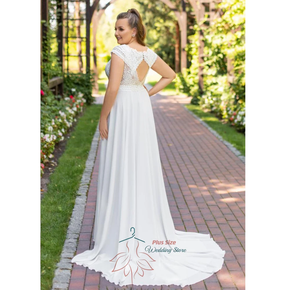 Robe de Mariée Classique en Mousseline de Soie pour Femme, Col en V, Manches Courtes, Dos aux, Ligne A, Balayage Traîne