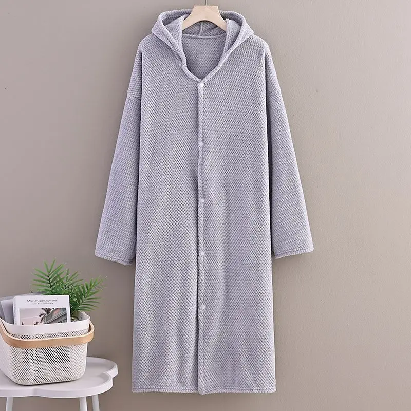 Hooded Long Bathrobe For Adults Soft Waffle Fleece Light Gray Button Front Loungewear Cozy Warm Sleepwear Home Bathroom Spa Post
