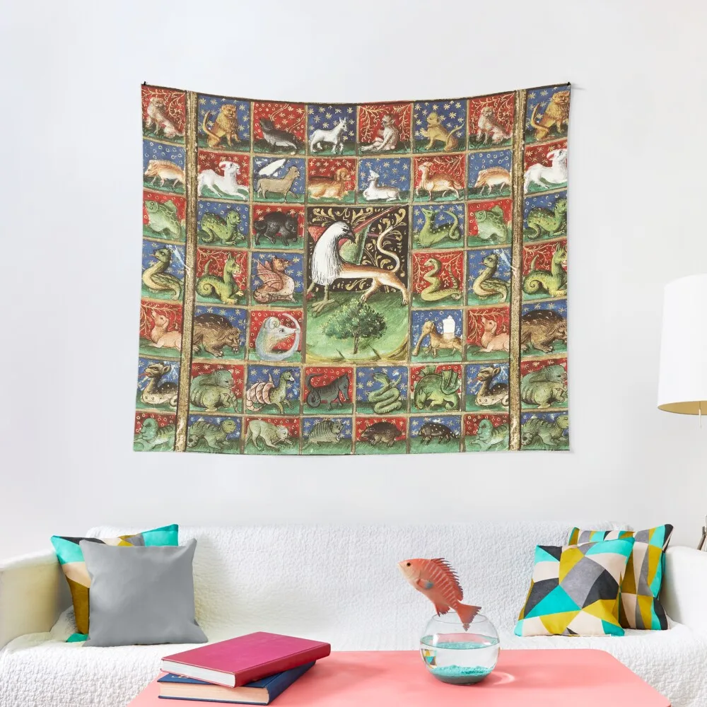 MEDIEVAL BESTIARY Fantastic Animals in Red Blue Green Gold Hues Tapestry Decoration Room Bed Room Decoration Tapestry