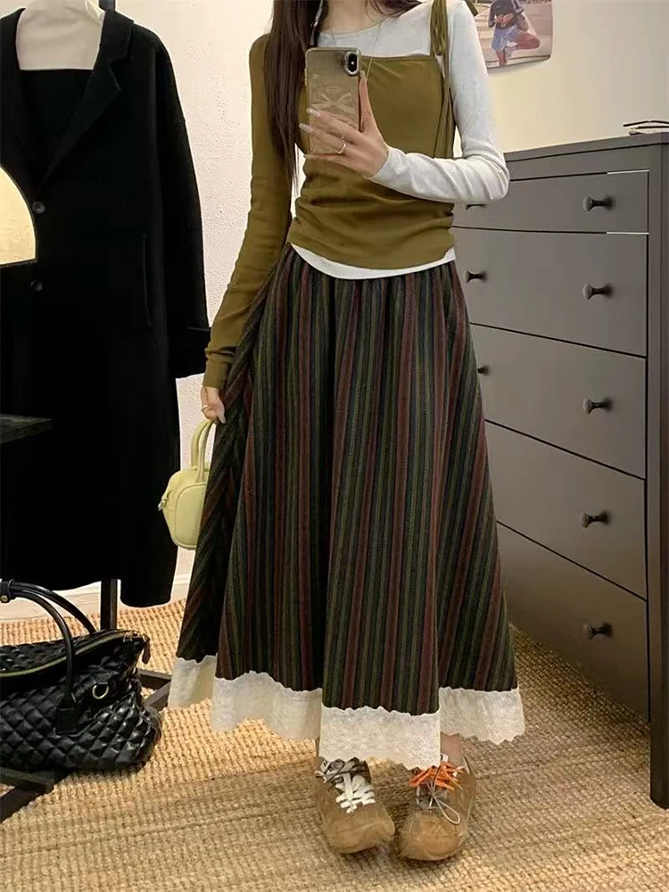 

Винтажные полосатые юбки из искусственной шерсти, женские осенние кружевные лоскутные юбки-миди с высокой талией Y2K, корейские универсальные юбки трапециевидной формы в консервативном стиле