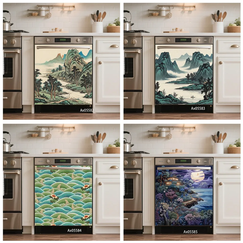 Elegant Oriental Golden Ink Mountain Landscape Dishwasher Sticker Self Adhesive Zen Room Minimal Cabinet Washer Decor Wallpaper
